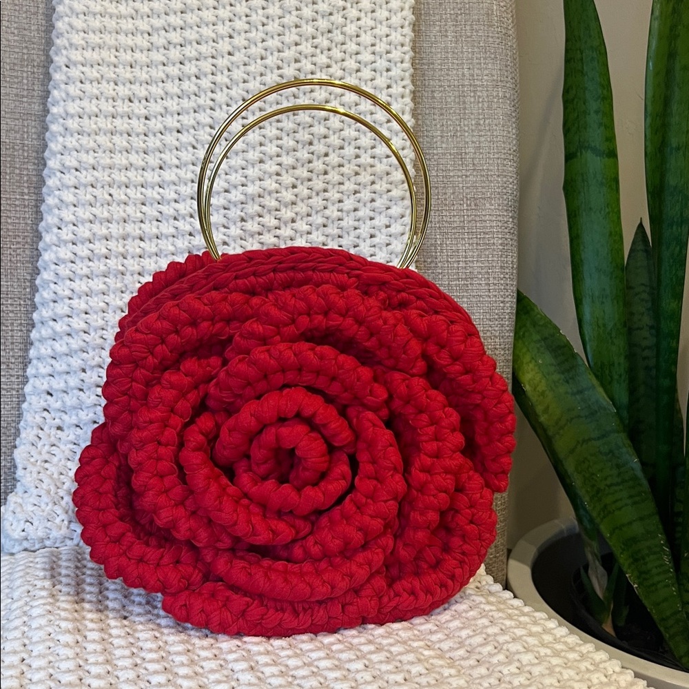 Red Crochet Rose Mini Bag with Gold Ring Handle